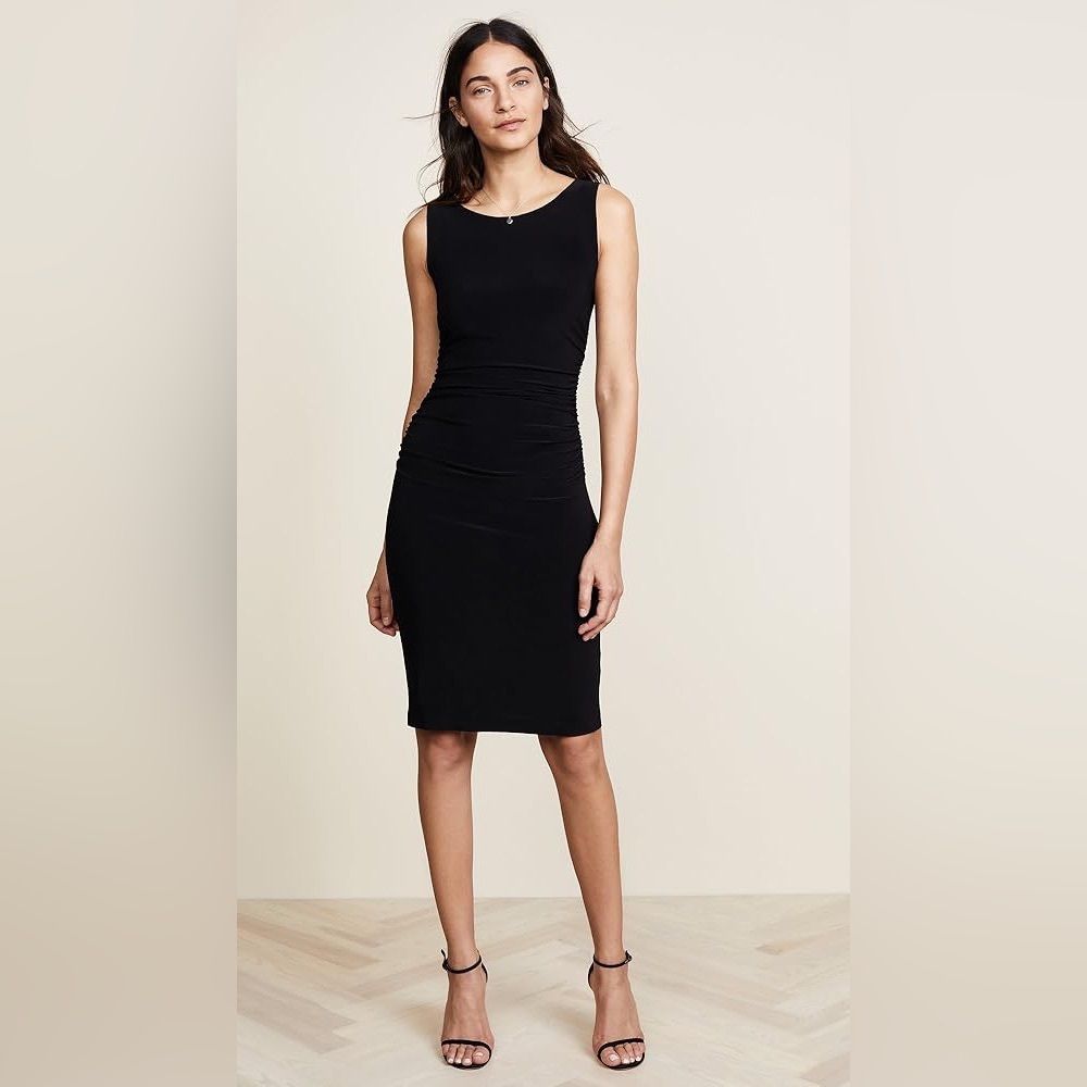 Norma Kamali Shirred Waist Midi Dress - Small -  black fitted sleeveless stretch
